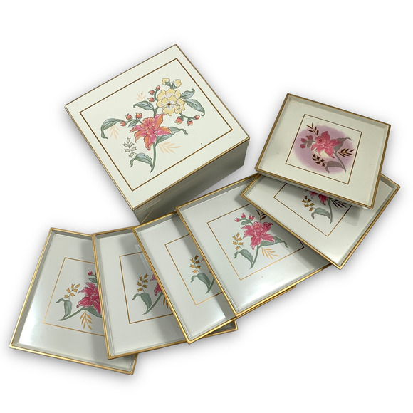1960's OTAGIRI JAPAN PRIMA floral lacquerware boxed coasters set - Picture 9 of 9